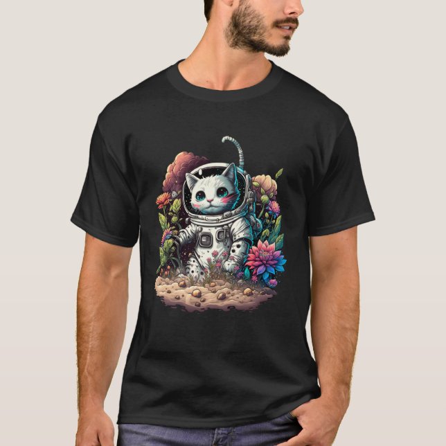 T-shirt Chatronaut Chat Astronaute Avec Fleurs  Graphique  (Devant)