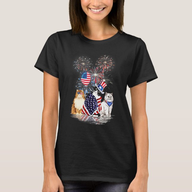 T-shirt Chats Aimer American Feu d'artifice Drapeau Joyeux (Devant)