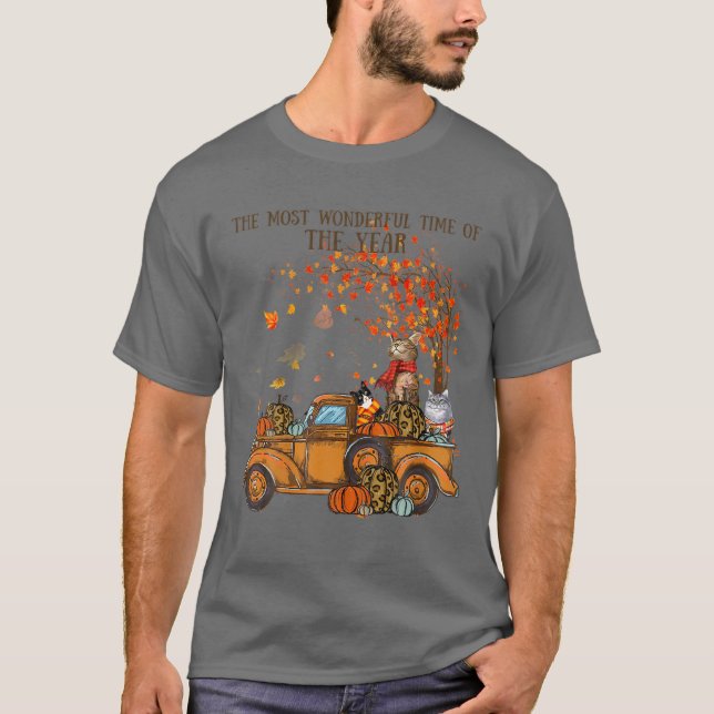 T-shirt Chats Automne Citrouille-Camion Plein Automne Arbr (Devant)