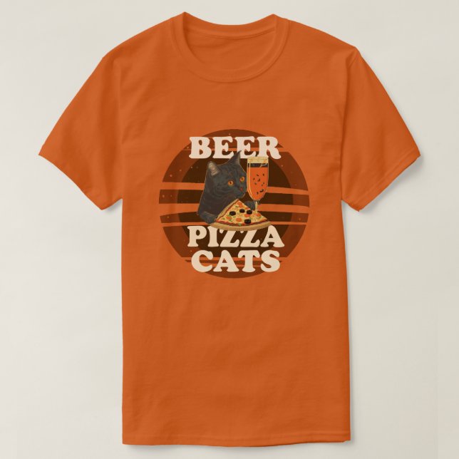 T-shirt Chats Bière Pizza – Graphique Rétro Coucher de Sol (Design devant)