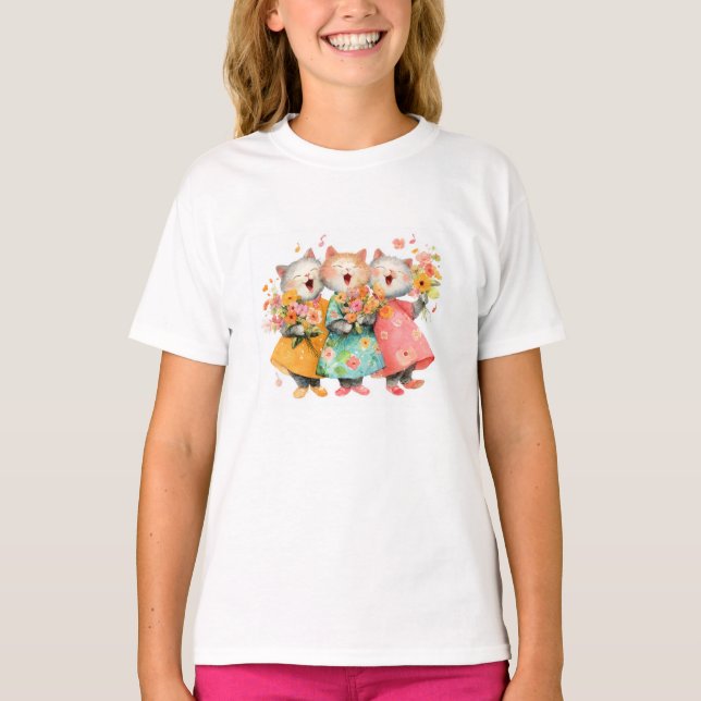 T-shirt Chats chantants tenant des bouquets (Devant)