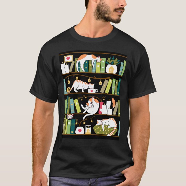 T-shirt Chats de bibliothèque - chats fantaisistes sur les (Devant)