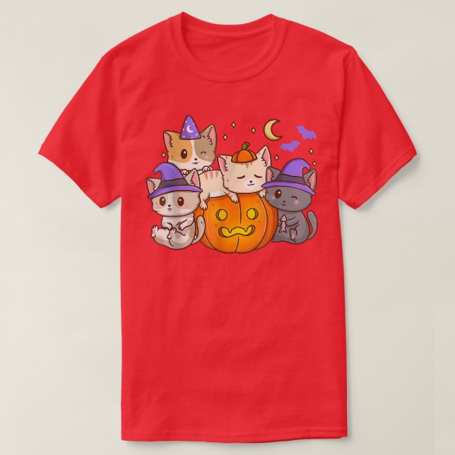 T-shirt Chats d'Halloween Anime Chat Kawaii Neko Citrouill (Design devant)