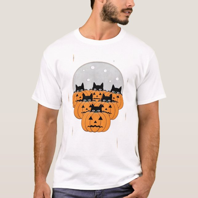 T-shirt Chats d'Halloween Citrouilles Fond Noir Illus (Devant)