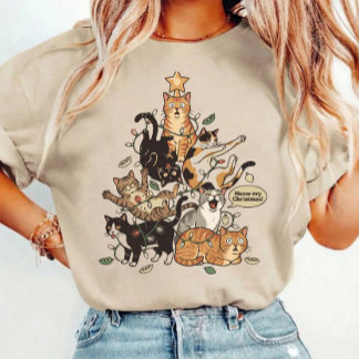T-shirt Chats drôles Arbre de Noël Guirlandes emmêlées Fêt