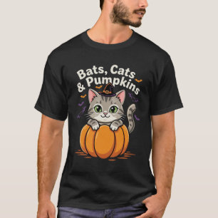 T-shirt Chats et chauves-souris d'Halloween et citrouilles