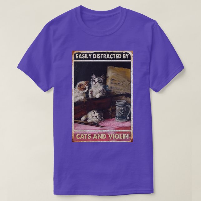 T-shirt Chats et violon Facilement distrait par les chats  (Design devant)