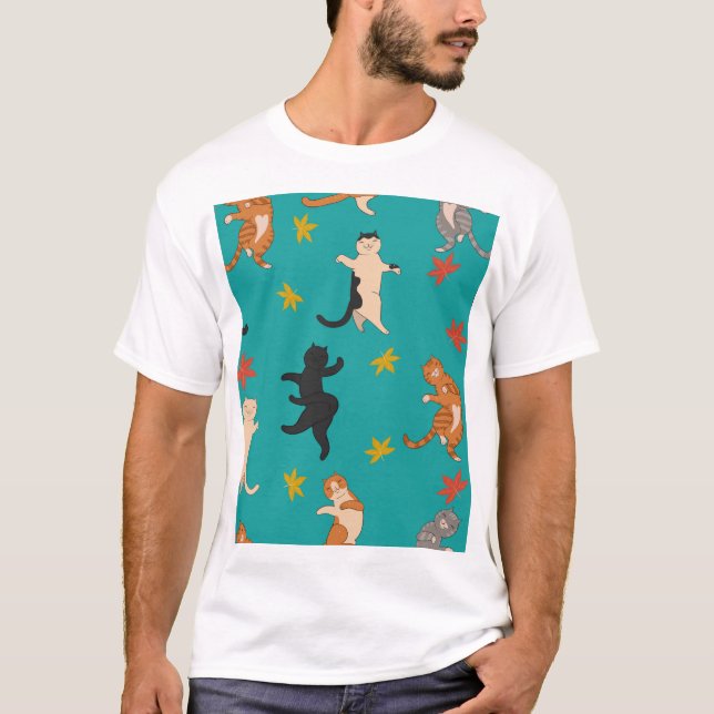T-shirt Chats, feuillage d'automne, motif mignon (Devant)