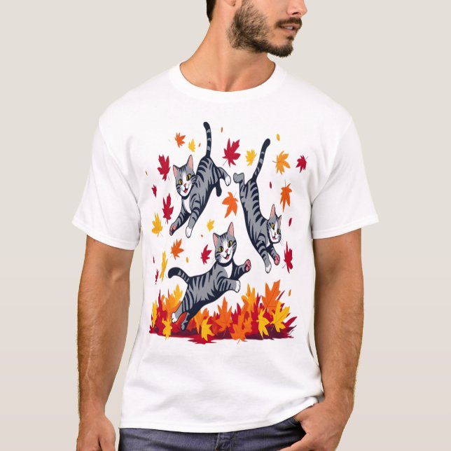 T-shirt Chats Jouant dans les Feuilles d'Automne (Devant)