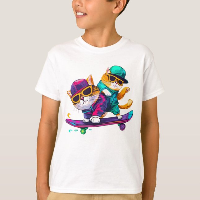T-shirt Chats Jouer Skateboard porter des lunettes Hip hop (Devant)
