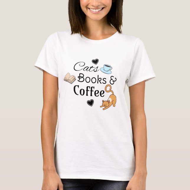 T-shirt Chats, Livres et Café Mignons  (Devant)