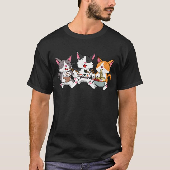 T-shirt Chats mangeant des nouilles de ramen, des sushis e (Devant)