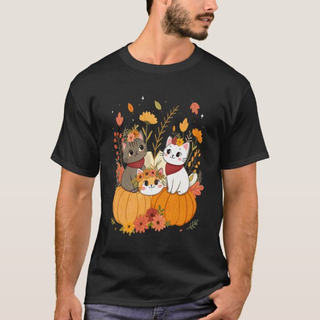 T-shirt Chats mignons d'Halloween avec citrouilles Rétro & (Devant)