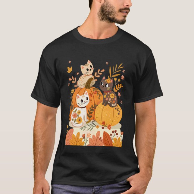 T-shirt Chats mignons d'Halloween avec citrouilles Rétro & (Devant)