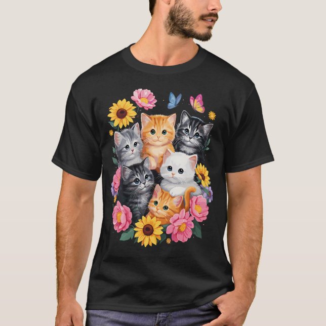 T-shirt Chats Mignons Fleur Floral (Devant)