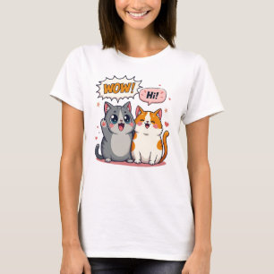 T-shirt Chats mignons Kawaii disant Wow et Salut en bande
