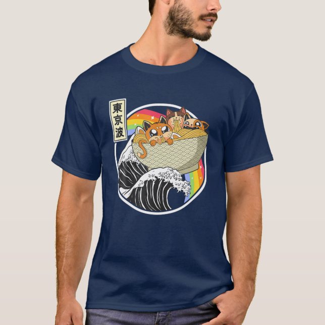 T-shirt Chats mignons mangeant Ramen Kanagawa Vague Arc-en (Devant)