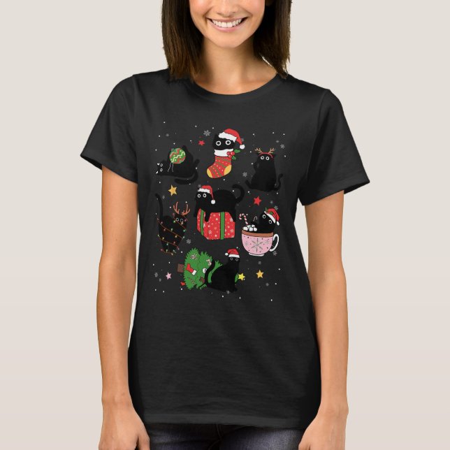 T-shirt Chats noirs amusants Santa Hat sapin de Noël Joyeu (Devant)