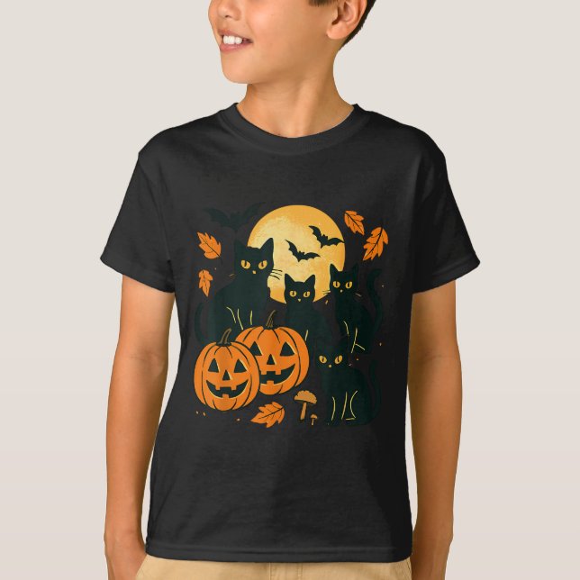T-shirt Chats noirs avec citrouilles Jack O Lanterns lune  (Devant)