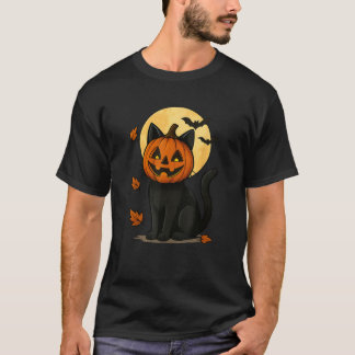 T-shirt Chats noirs avec masque de citrouille sous pleine