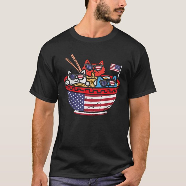 T-shirt Chats Ramen Anime Drapeau Américain USA Funny 4th  (Devant)