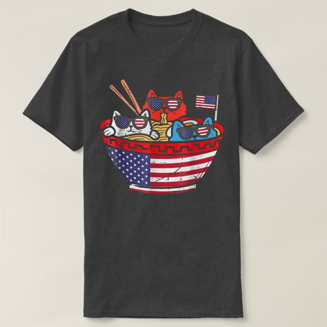 T-shirt Chats Ramen Anime Drapeau Américain USA Funny 4th  (Design devant)