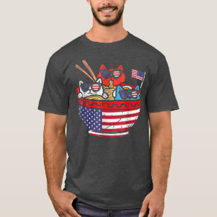 T-shirt Chats Ramen Anime Drapeau Américain USA Funny 4th