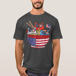 T-shirt Chats Ramen Anime Drapeau Américain USA Funny 4th 