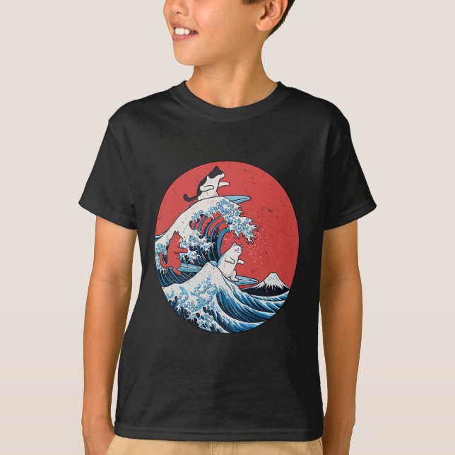T-shirt Chats Rétro Big Wave Drôles de Chats de Surf Art J (Devant)