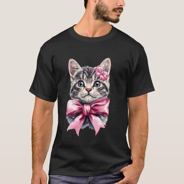 T-shirt Chatte grise maman chat tabby ruban coquette rose (Devant)