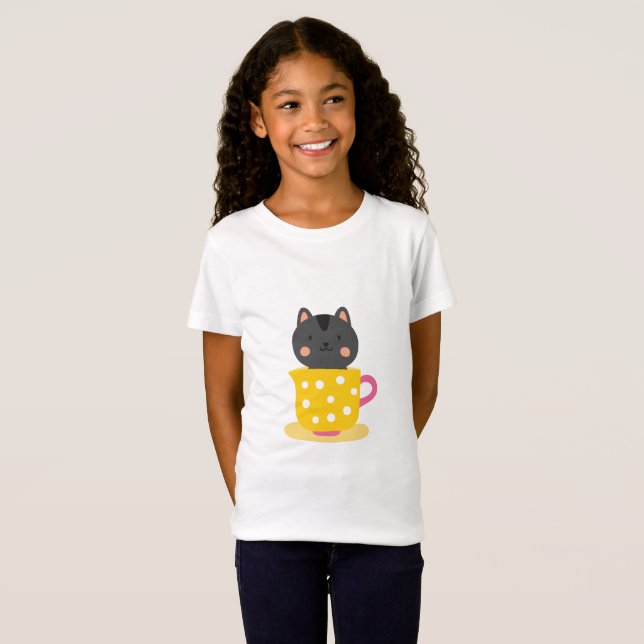 T-Shirt Chatte mignonne en dessin animé sur la menthe (Devant entier)
