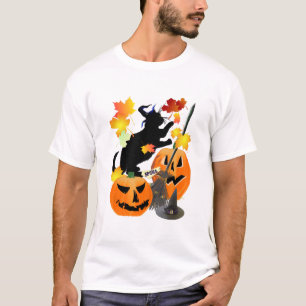 T-shirt Chatte noire d'Halloween qui frappe de jolies feui