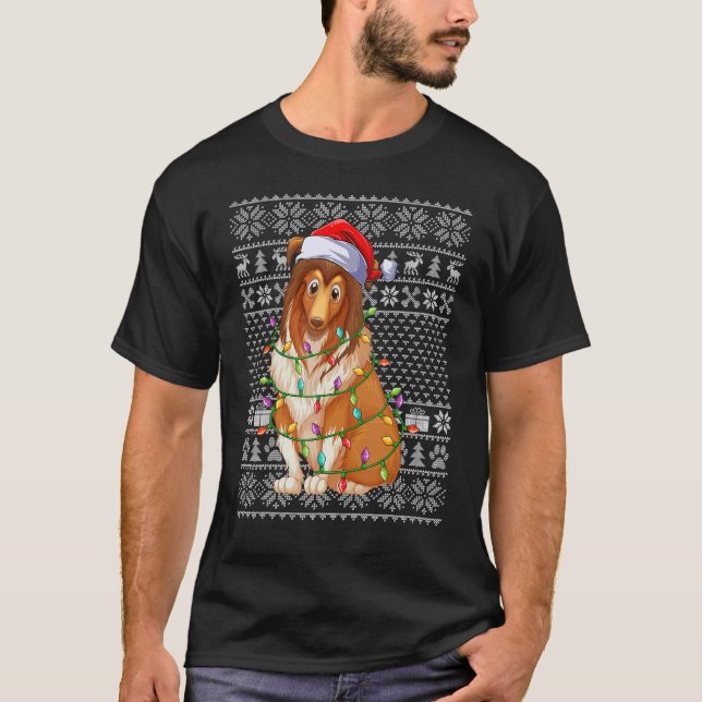 T-shirt Chaud moche style Xmas lumières Père Noël Sheepdog (Devant)