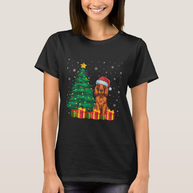 T-shirt Chaud Setter irlandais Santa Hat Feux de Noël Chie (Devant)
