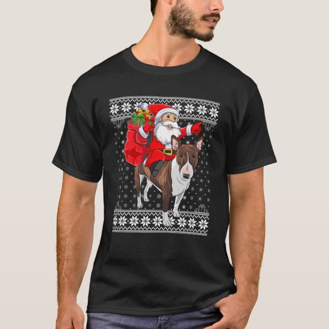 T-shirt Chaud Xmas moche Père Noël Riding Taureau Terrier  (Devant)