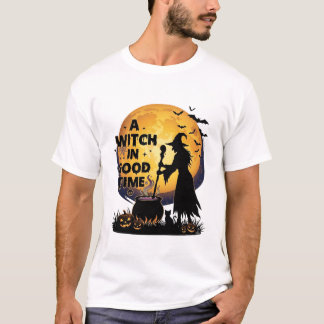 T-shirt Chaudron de lune d'Halloween de bonne sorcière_1