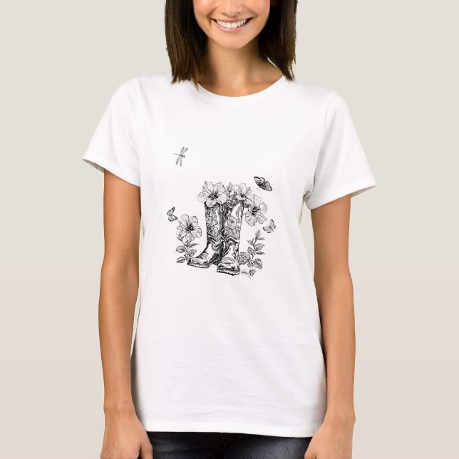 T-shirt Chaussures en noir et blanc avec fleurs (Devant)