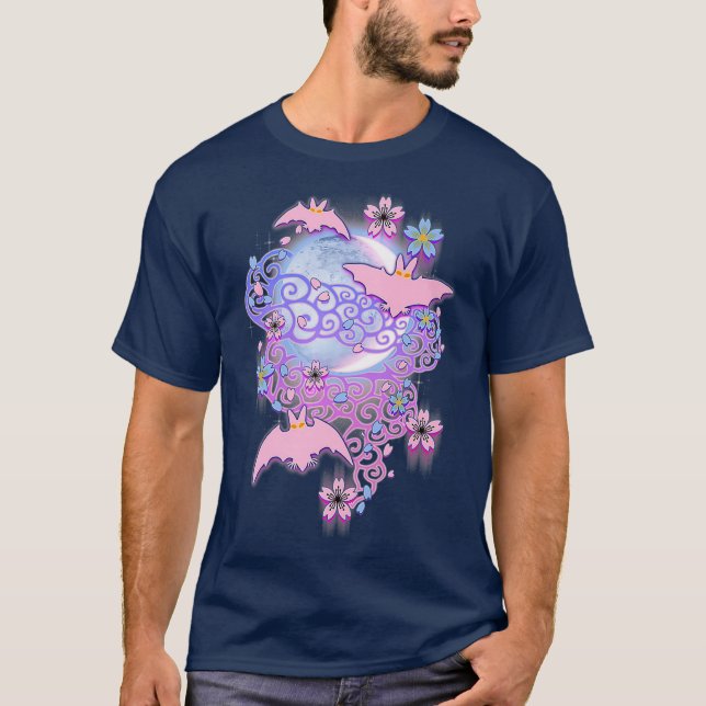 T-shirt Chauves-souris roses Halloween Lune Bleue Pastel G (Devant)