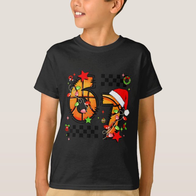 T-shirt Checkered 67 Basketball Santa Hat Christmas Six Se (Devant)