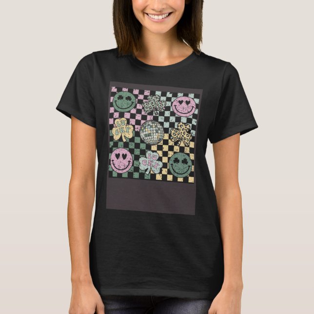 T-shirt Checkered Happily Face Shamrock Disco Ball St Patr (Devant)