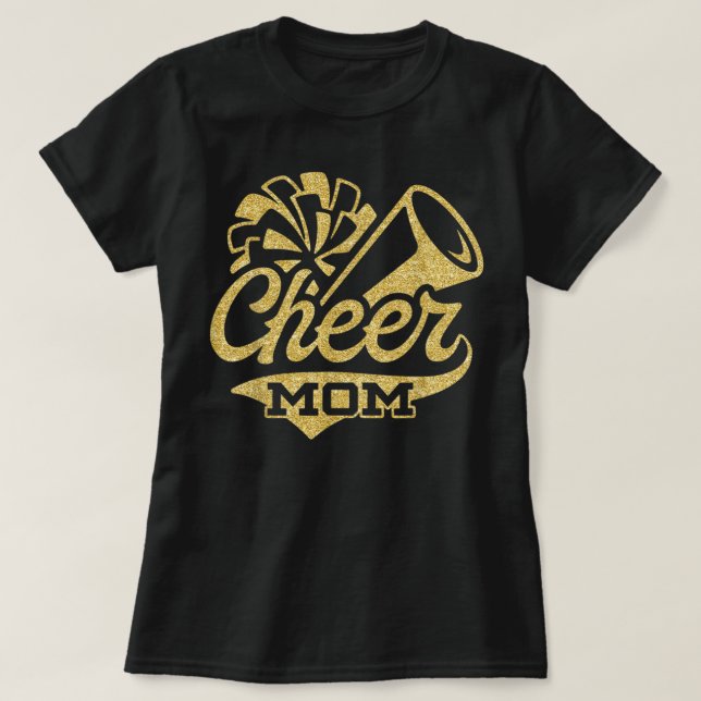 T-shirt Cheer Mom Biggest Fan Cheerleader Black Yellow Gol (Design devant)