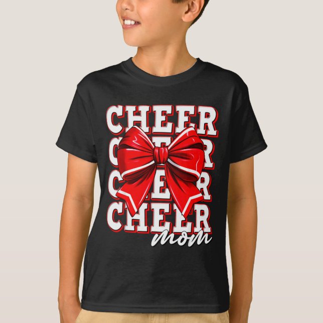 T-shirt Cheer Mom Cheerleader Bow Biggest Fan Red Team  (Devant)