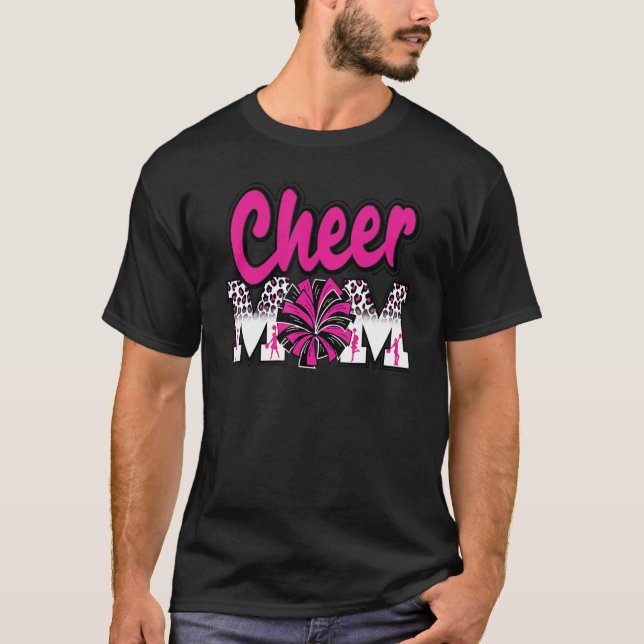 T-shirt Cheer Mom Hot Pink Black Leopard Letters Cheer Pom (Devant)