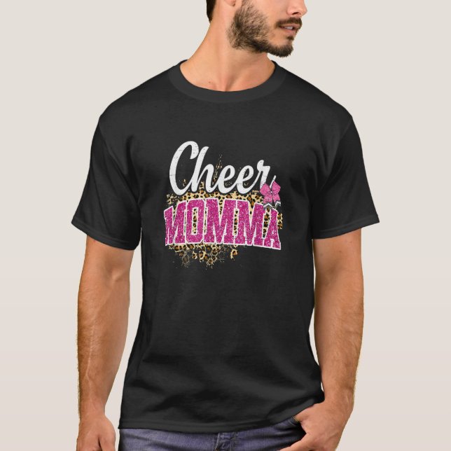 T-shirt Cheer Momma Biggest Fan Leopard Print And Pom Pom (Devant)