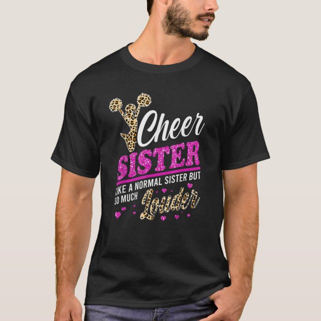 T-shirt Cheer Sister Biggest Fan Leopard Print And Pom Pom (Devant)