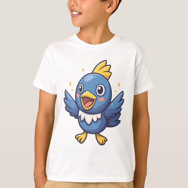 T-shirt Cheerful Blue Bird Cartoon in Pokémon-Inspired  (Devant)