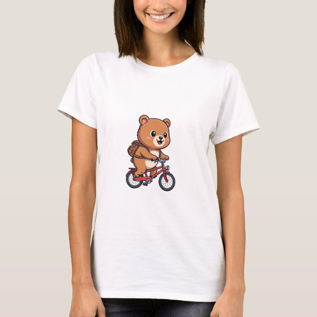 T-shirt Cheerful Brown Bear Riding Red Bicycle (Devant)