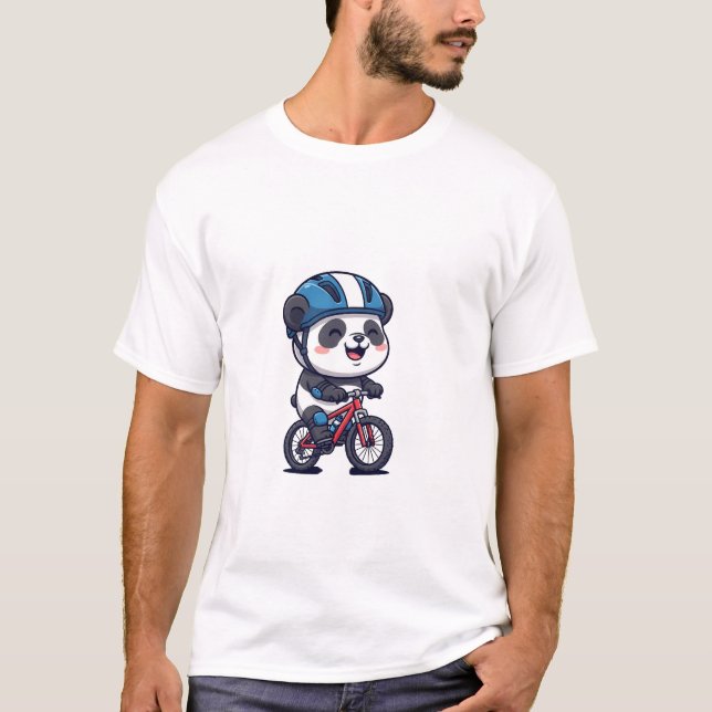 T-shirt Cheerful Panda Cyclist Riding a Red Mountain Bike (Devant)