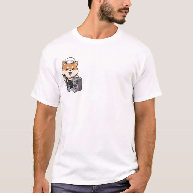 T-shirt Cheerful Shiba Inu Barista with Espresso Machine (Devant)