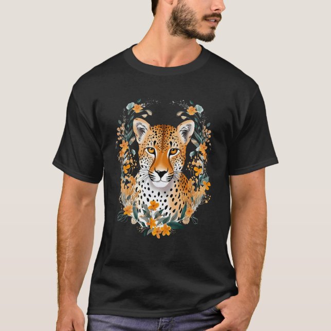 T-shirt Cheetah Face Animal Print Big Cat Wildlife Flowers (Devant)